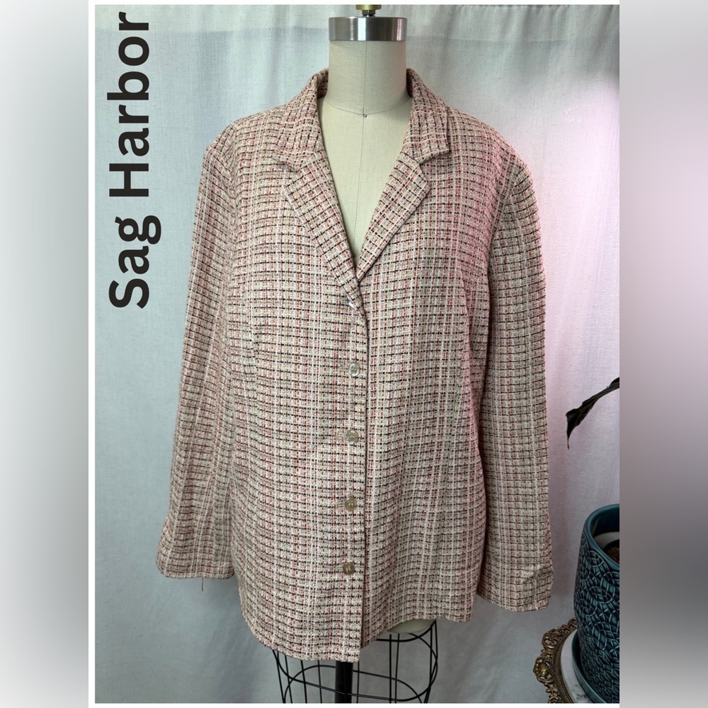 Sag Harbor Tweed Jacket Blazer Size 16 Pink Ivory Textured Career Classic